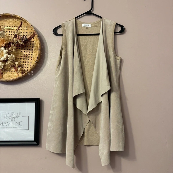 Calvin Klein Drape Open Front Beige Cardigan Vest Womens  Size XS - Picture 2 of 6